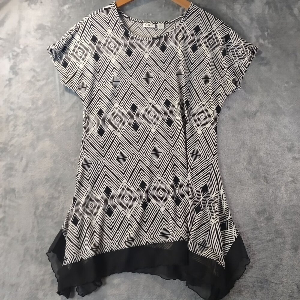 Catos Womens Geometric Tunic‎ Top S Black White Sheer Hem Stretch Workwear